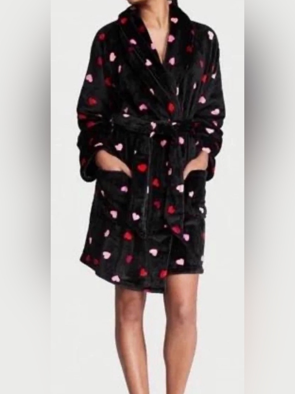 Victoria's Secret Plush Mid Length Black Robe Pink & Red Hearts Medium Large